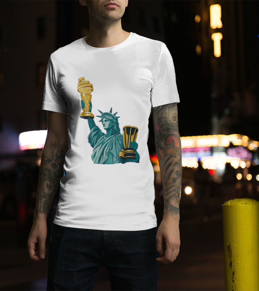 Lady Liberty Holding Dual Championship Trophies Soccer And Basketball T-Shirt