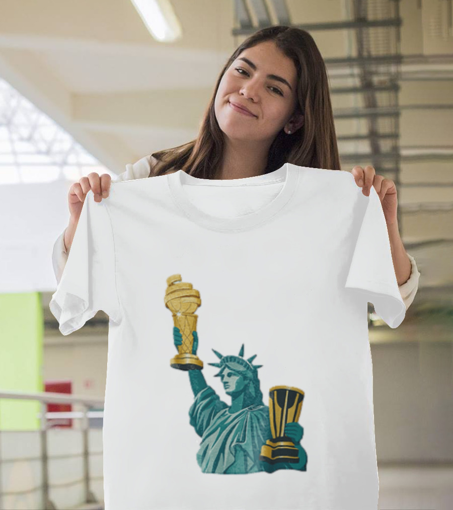 Lady Liberty Holding Dual Championship Trophies Soccer And Basketball T-Shirt