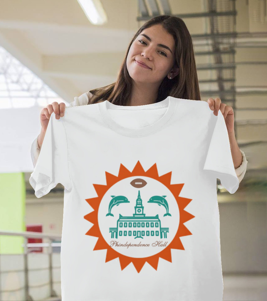 Phindependence Hall Miami Dolphins Football Emblem With Dolphins And Football Oval T-Shirt