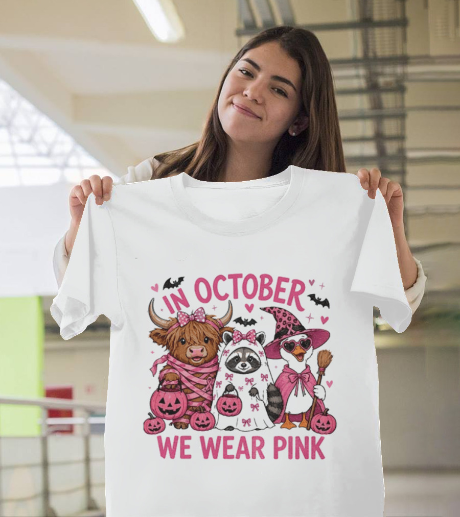 In October We Wear Pink Breast Cancer Support With Halloween Animals T-Shirt
