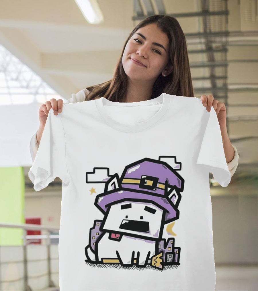 Pixel Cat Wearing Witch Hat Cute Halloween 8 Bit T-Shirt