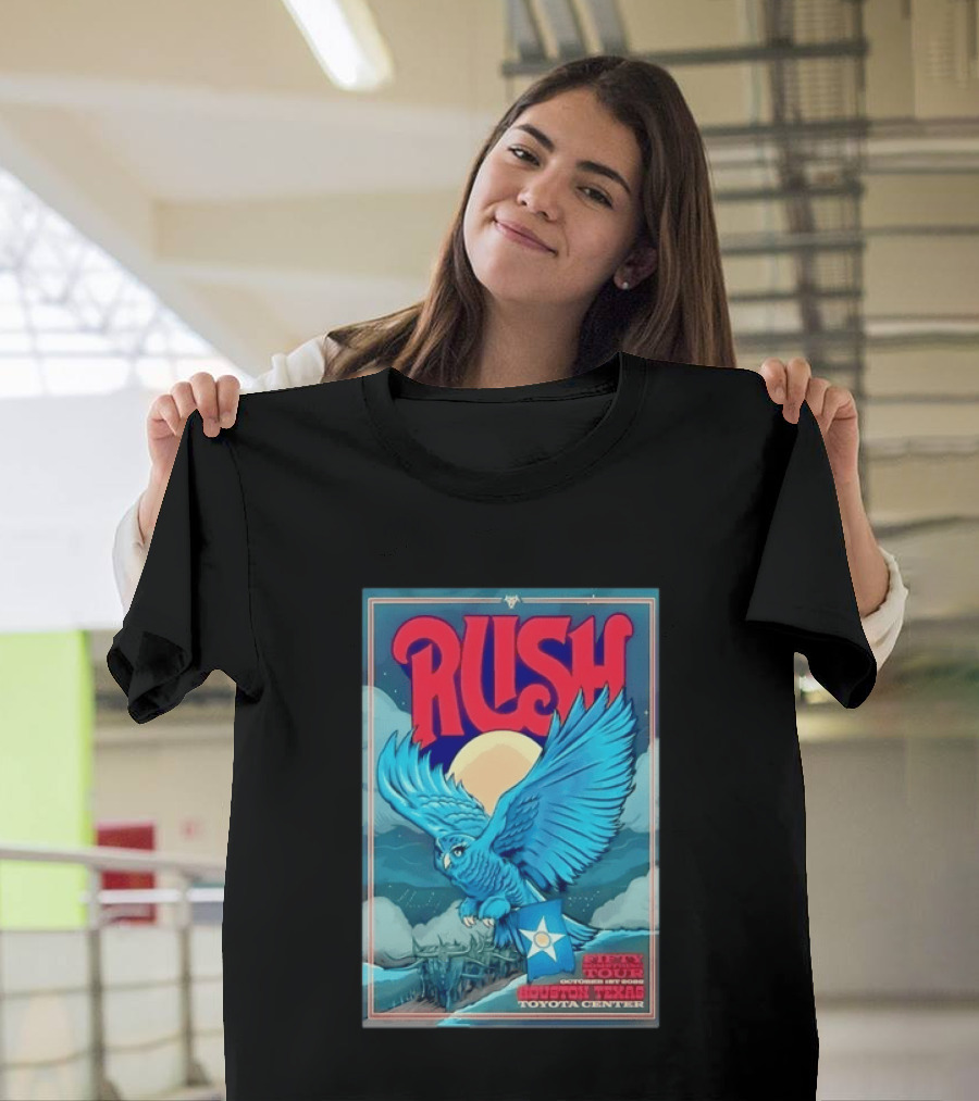 Rush Fifty Something Tour Houston Texas October 1st 2026 Toyota Center Blue Owl Moon Mountain Scene T-Shirt