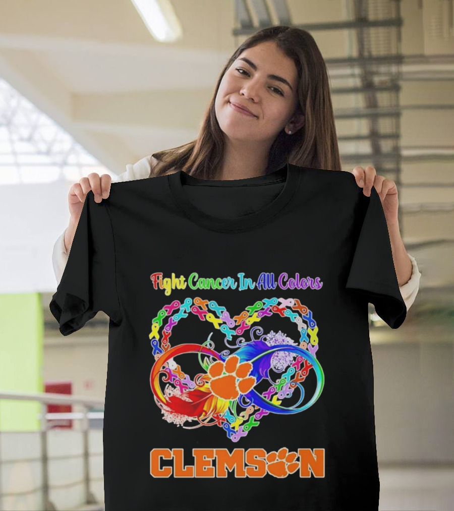 Clemson Fight Cancer In All Colors Infinity Heart Ribbon T-Shirt