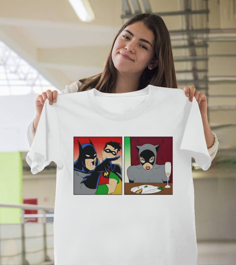 Batman Robin Yelling At Catwoman Meme Panel With Fish Plate And Wine Glass T-Shirt