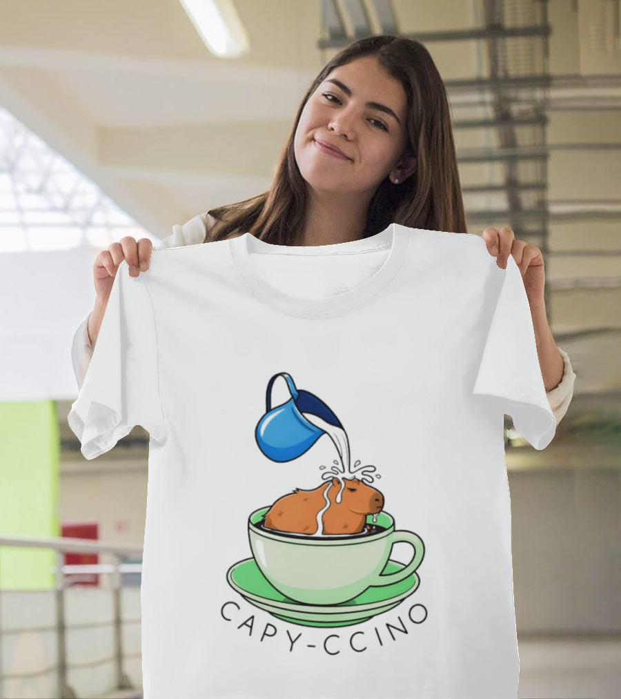 Capybara Coffee Capy Ccino In A Cup With Cappuccino Pouring Scene T-Shirt
