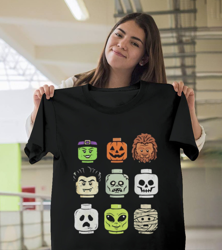 Distressed Halloween Minifigure Frankenstein Pumpkin Werewolf Dracula Zombie Ghost Alien Mummy Heads Collection T-Shirt