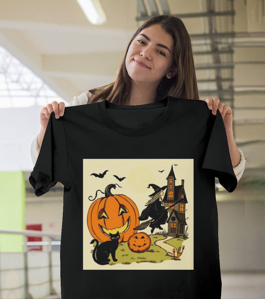 Spooktacular Halloween Black Cat Witch Pumpkin Haunted House T-Shirt