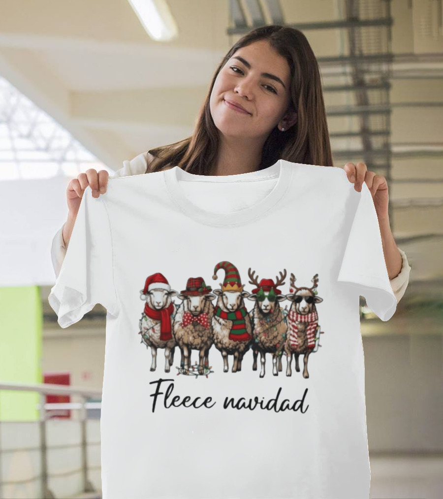 Fleece Navidad Christmas Sheep In Santa Hats Reindeer Antlers And Festive Scarves T-Shirt