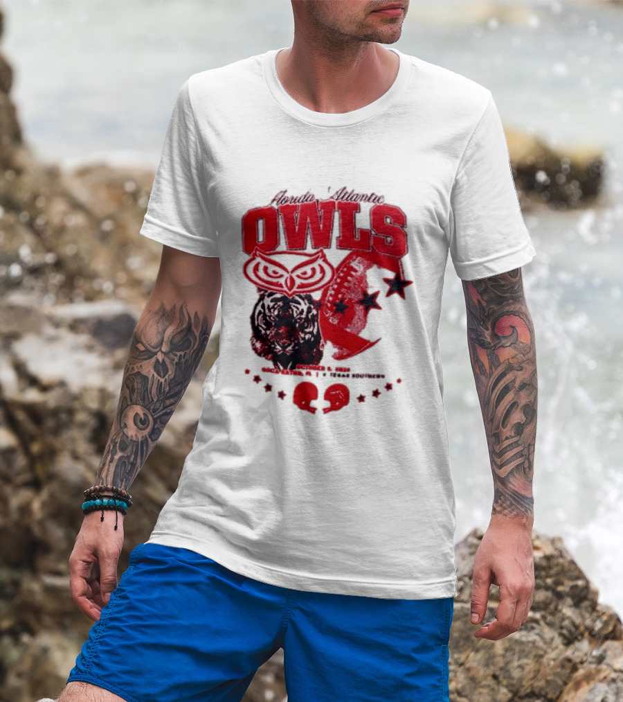 Florida Atlantic Owls Boca Raton Texas Southern 2026 Football Tiger Art Stars Red T-Shirt