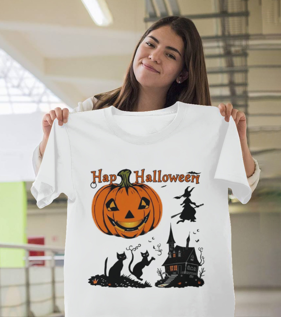 Happy Halloween Pumpkin Black Cats Witch Haunted House T-Shirt
