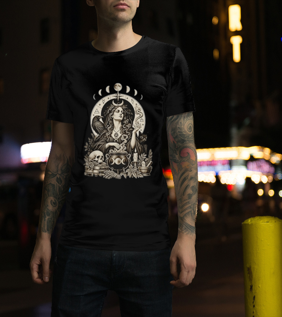 Witch Casting Spell With Raven Cat Pentacle Cauldron Moon Phases T-Shirt