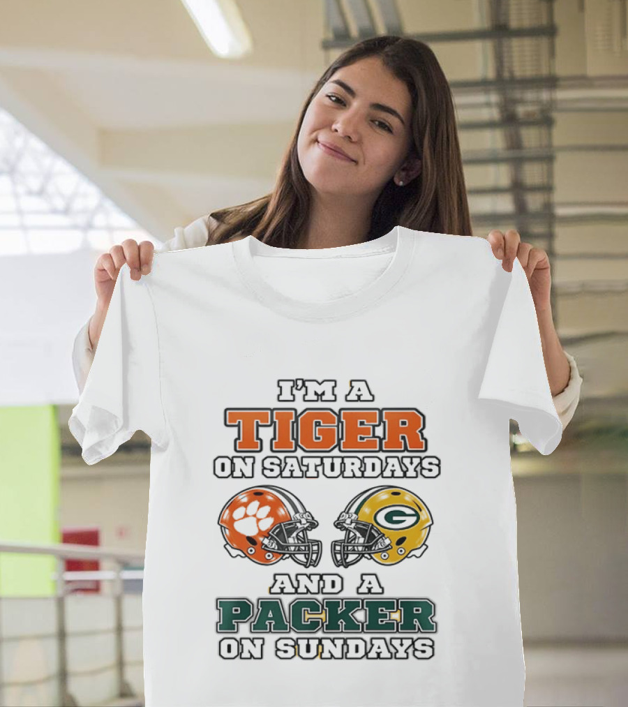 Tiger On Saturdays Clemson Tigers Packer On Sundays Green Bay Packers Helmets T-Shirt