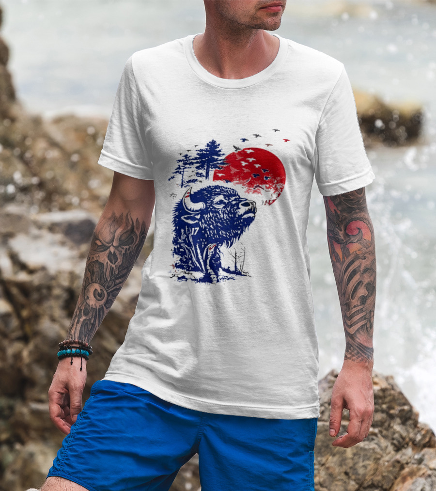 Buffalo Bills 17 Bison Sunset With Trees And Red Sun T-Shirt