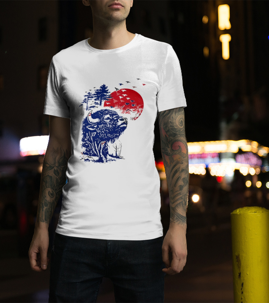 Buffalo Bills 17 Bison Sunset With Trees And Red Sun T-Shirt