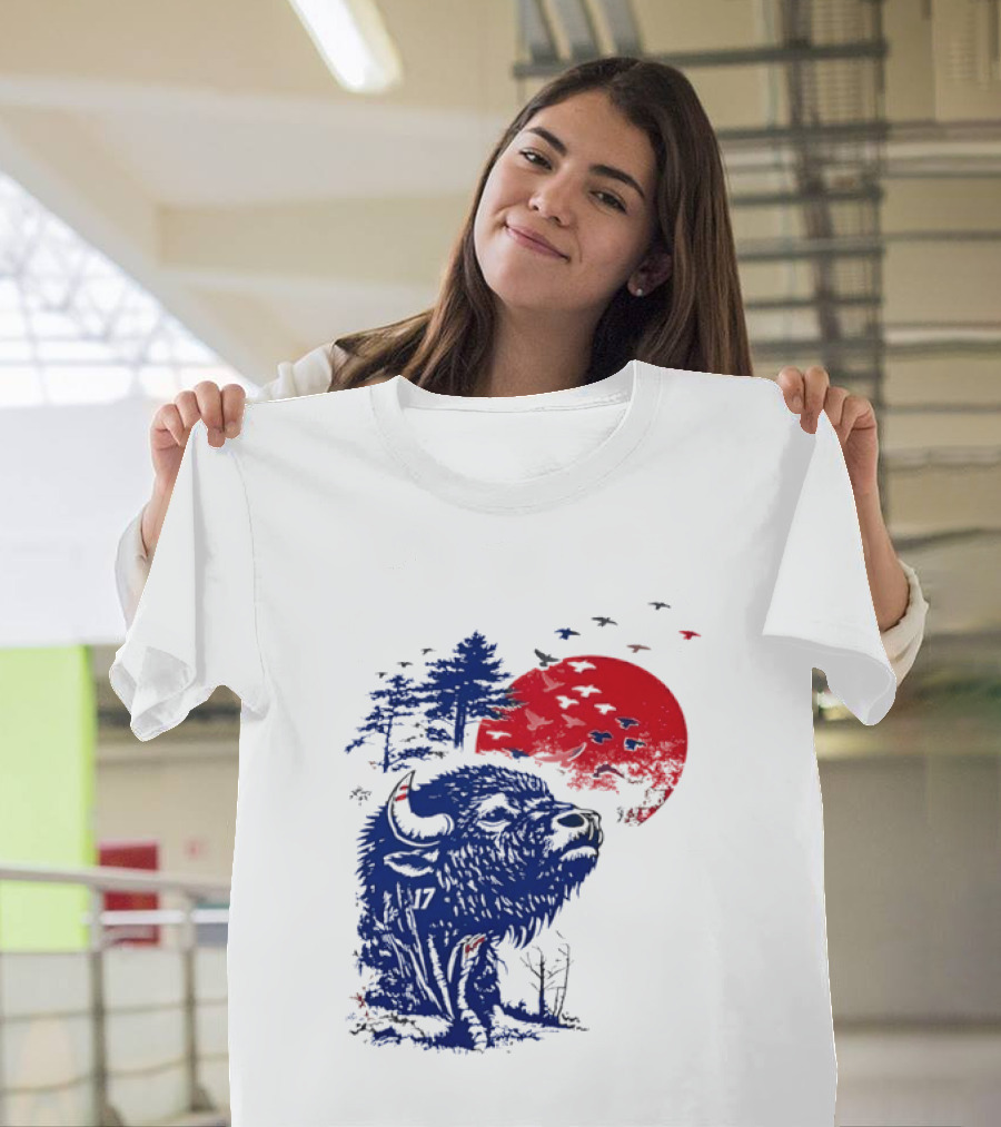 Buffalo Bills 17 Bison Sunset With Trees And Red Sun T-Shirt