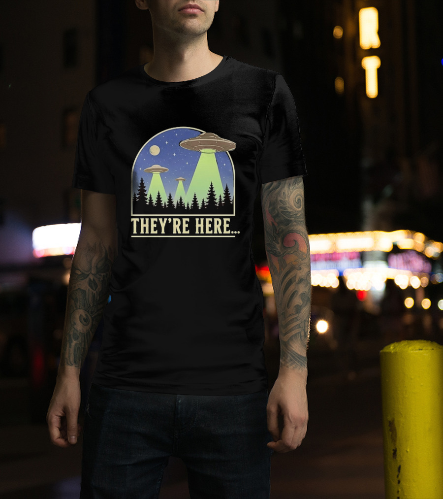 They're Here UFO Alien Abduction Night Forest Scene T-Shirt