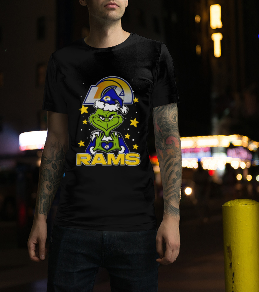 Los Angeles Rams Grinch Santa Hat Christmas Cartoon Fan Gear T-Shirt