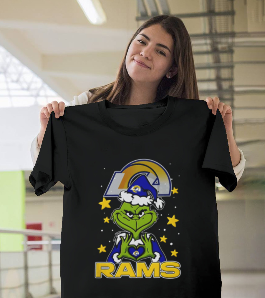 Los Angeles Rams Grinch Santa Hat Christmas Cartoon Fan Gear T-Shirt