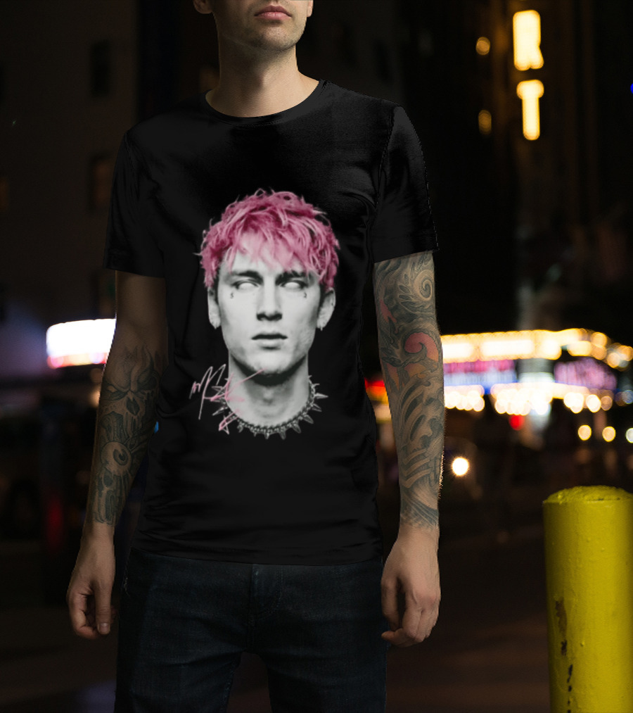 Machine Gun Kelly Pink Hair Spiked Choker Monochrome Signature T-Shirt