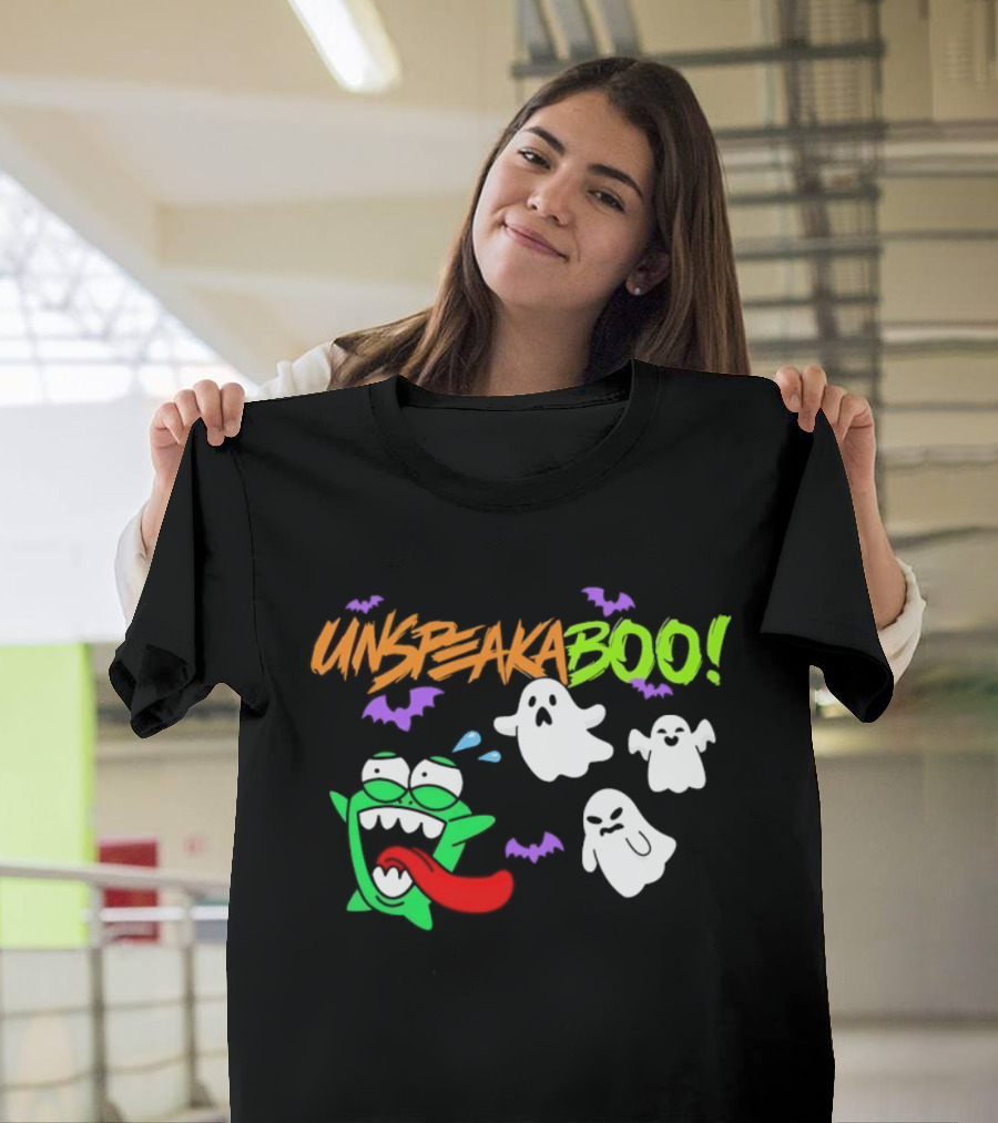 Unspeakaboo Halloween Ghosts With Green Monster And Purple Bats T-Shirt