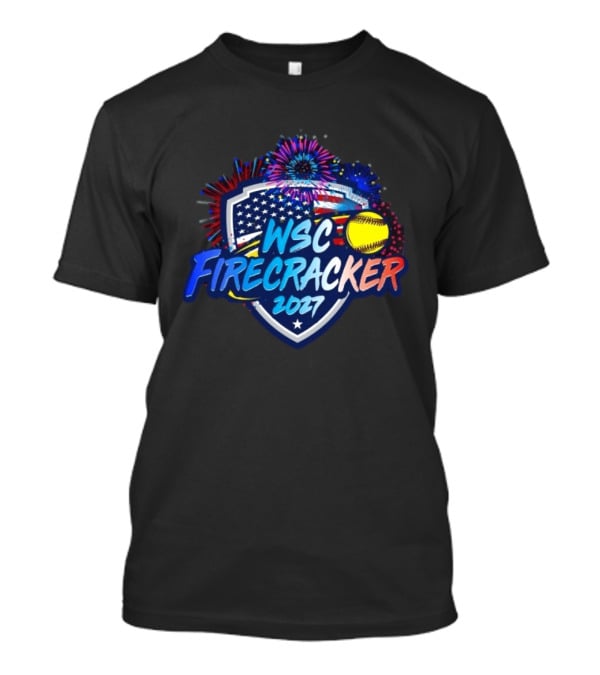 WSC Firecracker 2027 Softball Patriotic Shield Fireworks Yellow Ball Stars T-Shirt