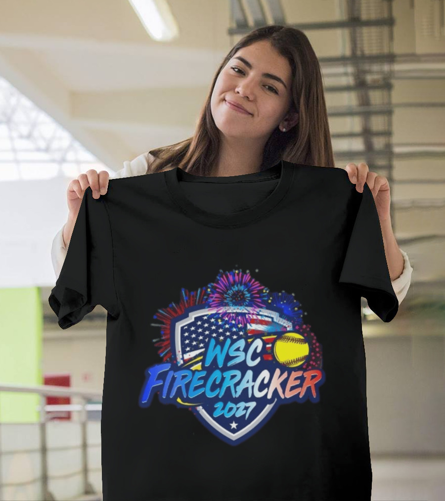 WSC Firecracker 2027 Softball Patriotic Shield Fireworks Yellow Ball Stars T-Shirt