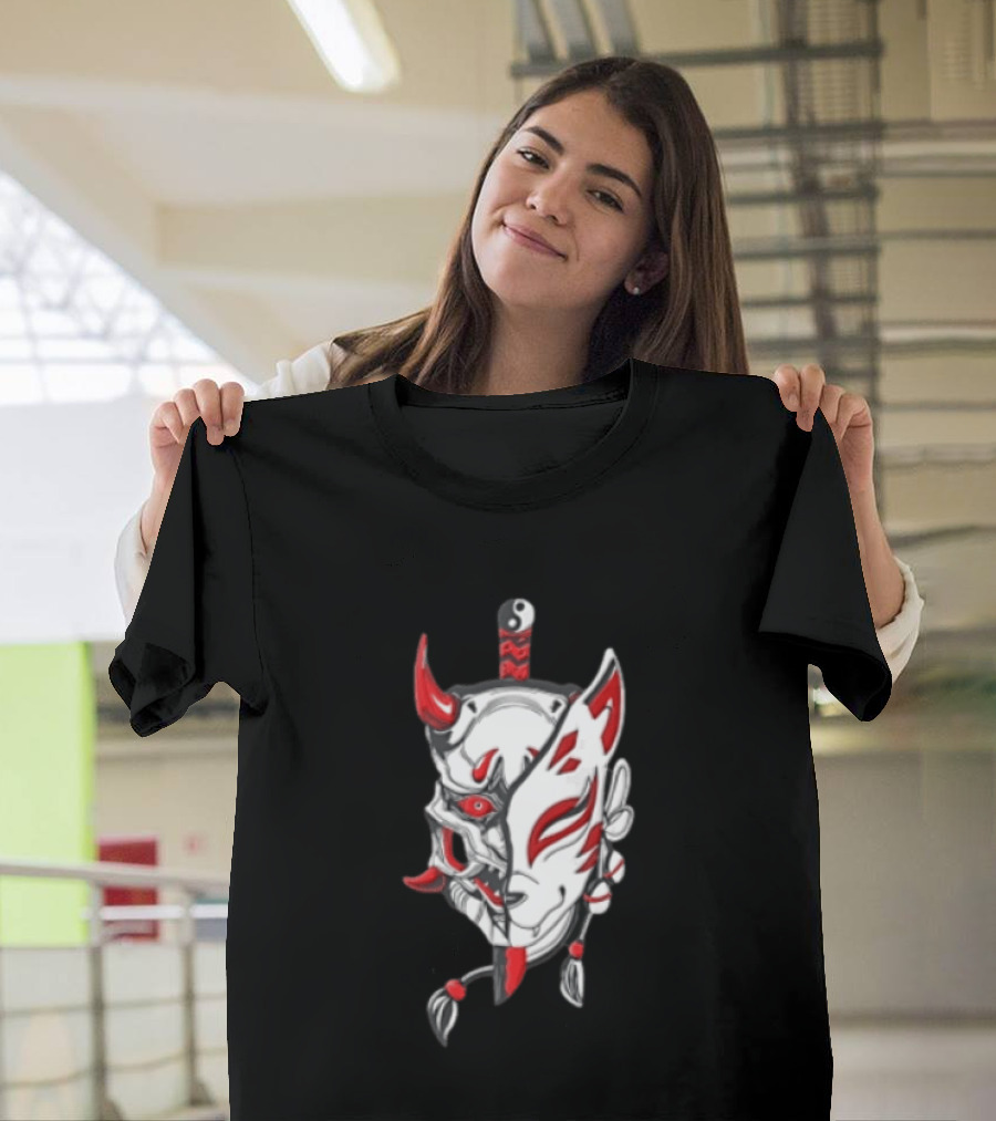 Oni Kitsune Mask Split Samurai Katana Fusion T-Shirt