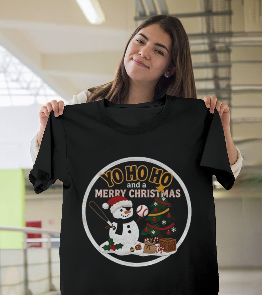 Pittsburgh Pirates Yo Ho Ho Merry Christmas Snowman With Baseball And Tree T-Shirt
