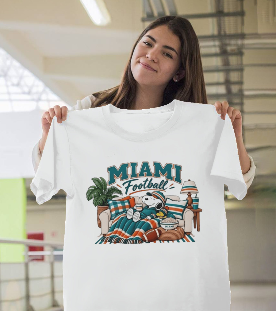Miami Dolphins Snoopy Woodstock Couch With Miami Football T-Shirt