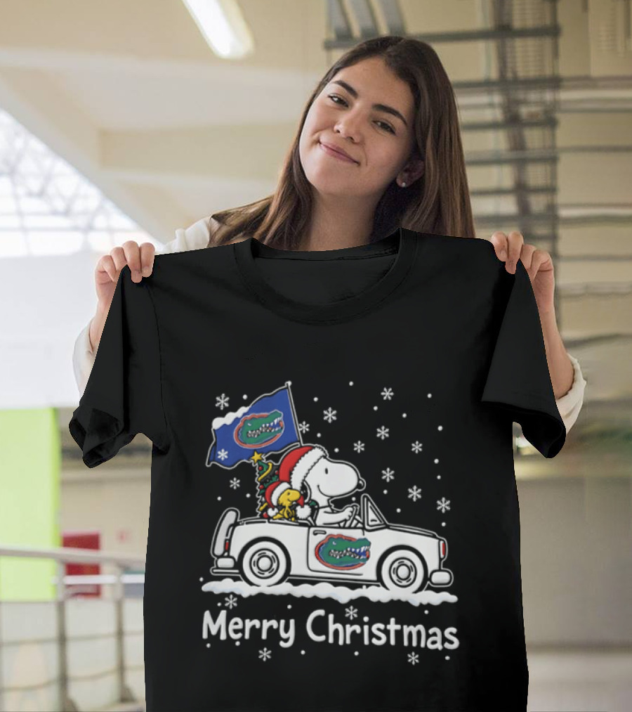 Florida Gators Snoopy Woodstock Driving Car Merry Christmas 2026 Snowflakes T-Shirt