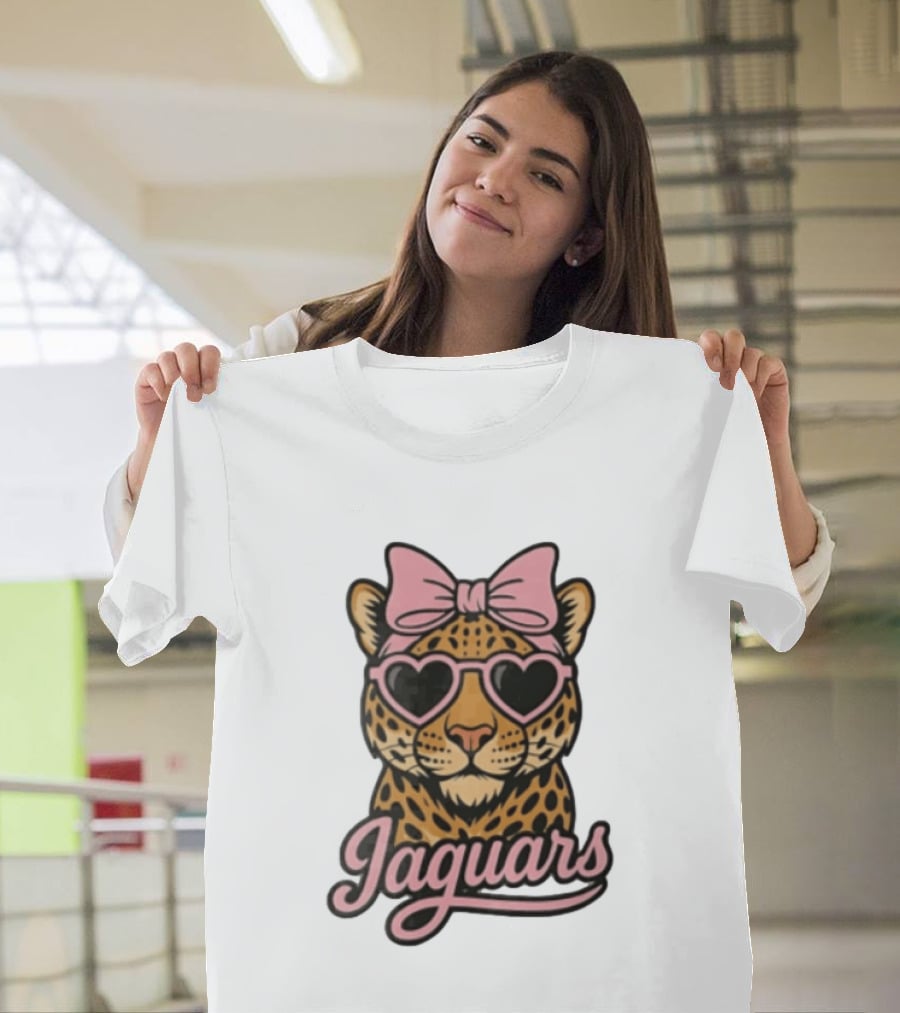 Jacksonville Jaguars Leopard Pink Bow Heart Sunglasses T-Shirt