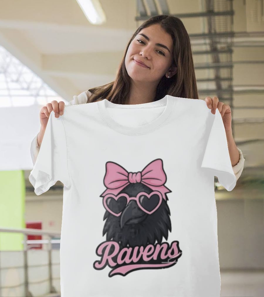 Ravens Raven Pink Bow Heart Sunglasses T-Shirt