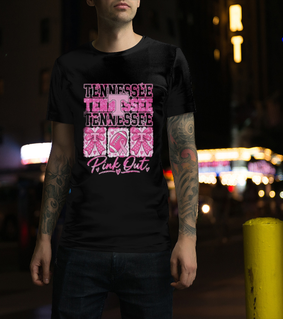 Tennessee Volunteers Pink Out Breast Cancer Awareness Game Day Football Bow Ribbons T-Shirt