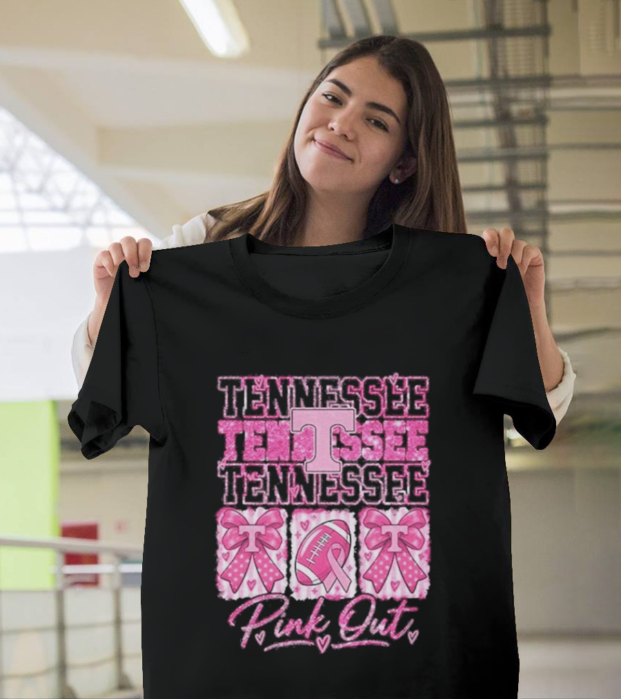 Tennessee Volunteers Pink Out Breast Cancer Awareness Game Day Football Bow Ribbons T-Shirt
