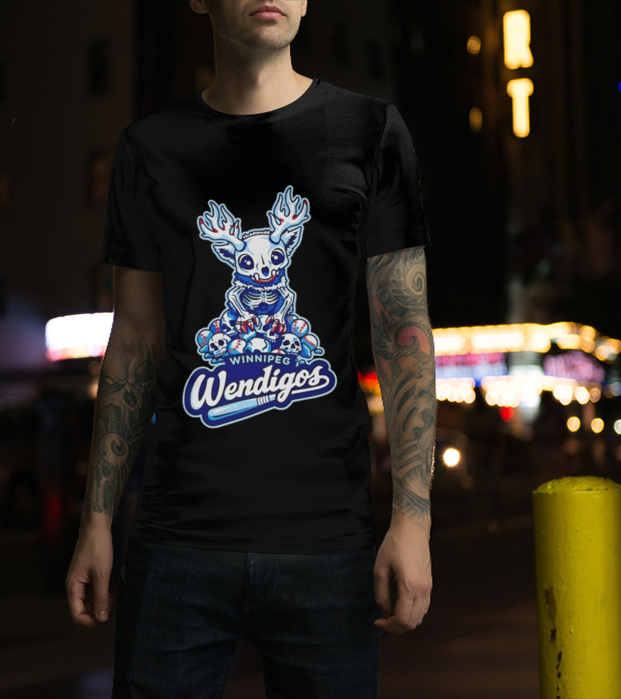 Winnipeg Wendigos Baseball Skull With Antlers And Blue Bats T-Shirt
