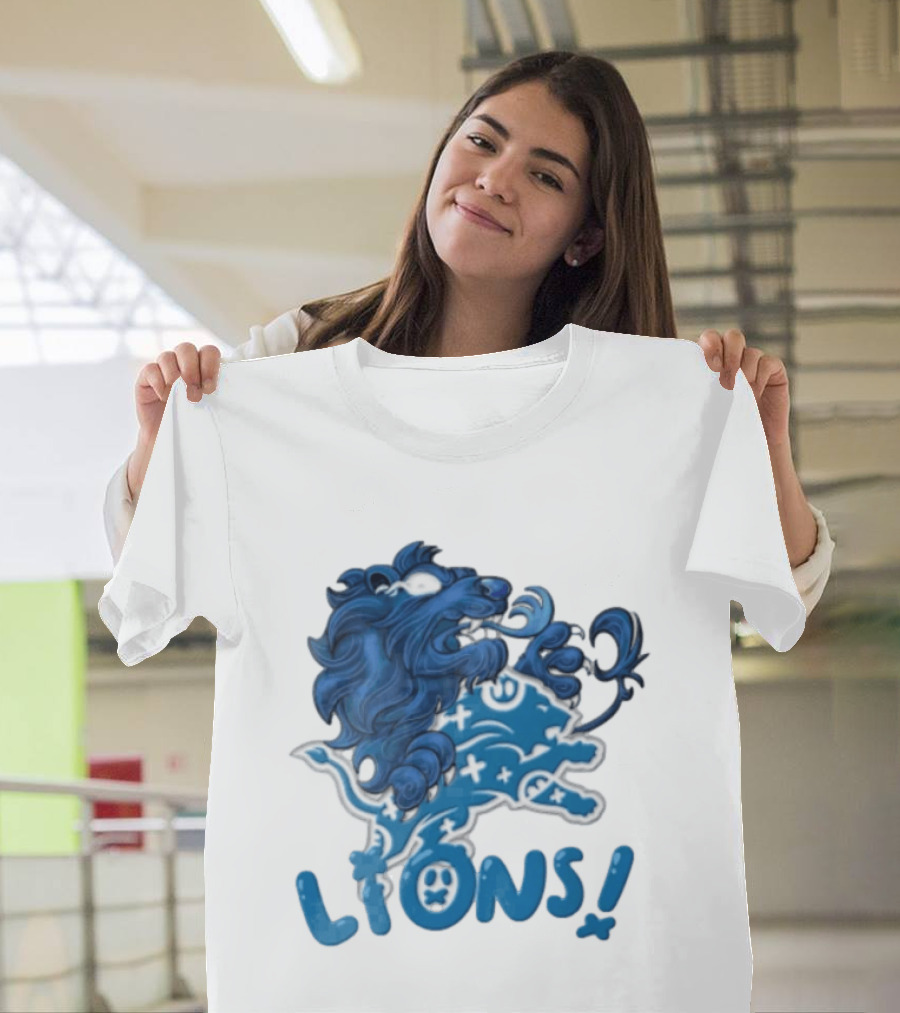 Detroit Lions Blue Lion Roaring Mascot With Playful Lettering T-Shirt