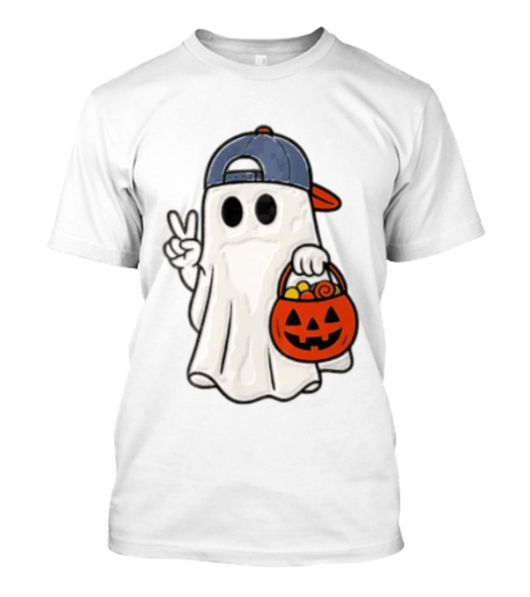 Ghost In Cap With Peace Sign Holding Pumpkin Bucket Halloween T-Shirt