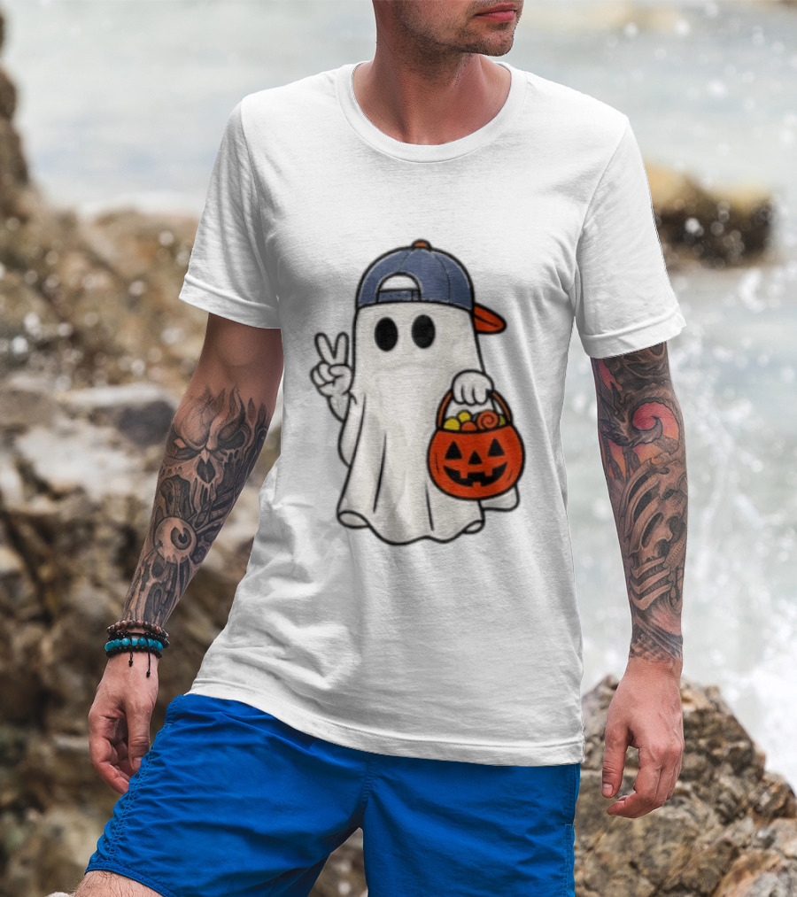 Ghost In Cap With Peace Sign Holding Pumpkin Bucket Halloween T-Shirt
