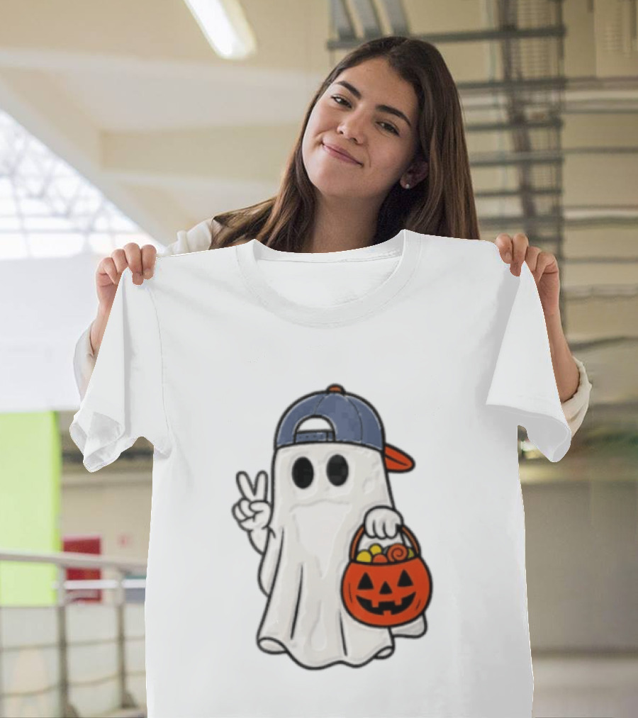 Ghost In Cap With Peace Sign Holding Pumpkin Bucket Halloween T-Shirt