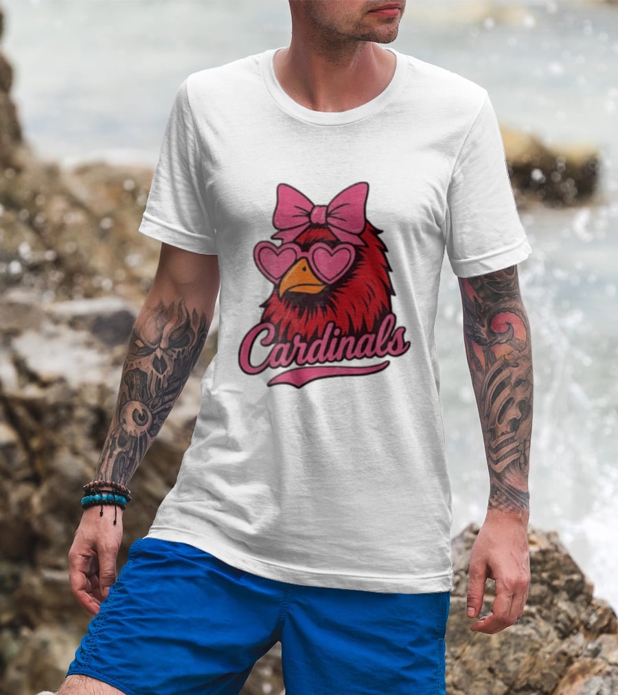 St Louis Cardinals Red Bird Pink Bow Heart Glasses T-Shirt