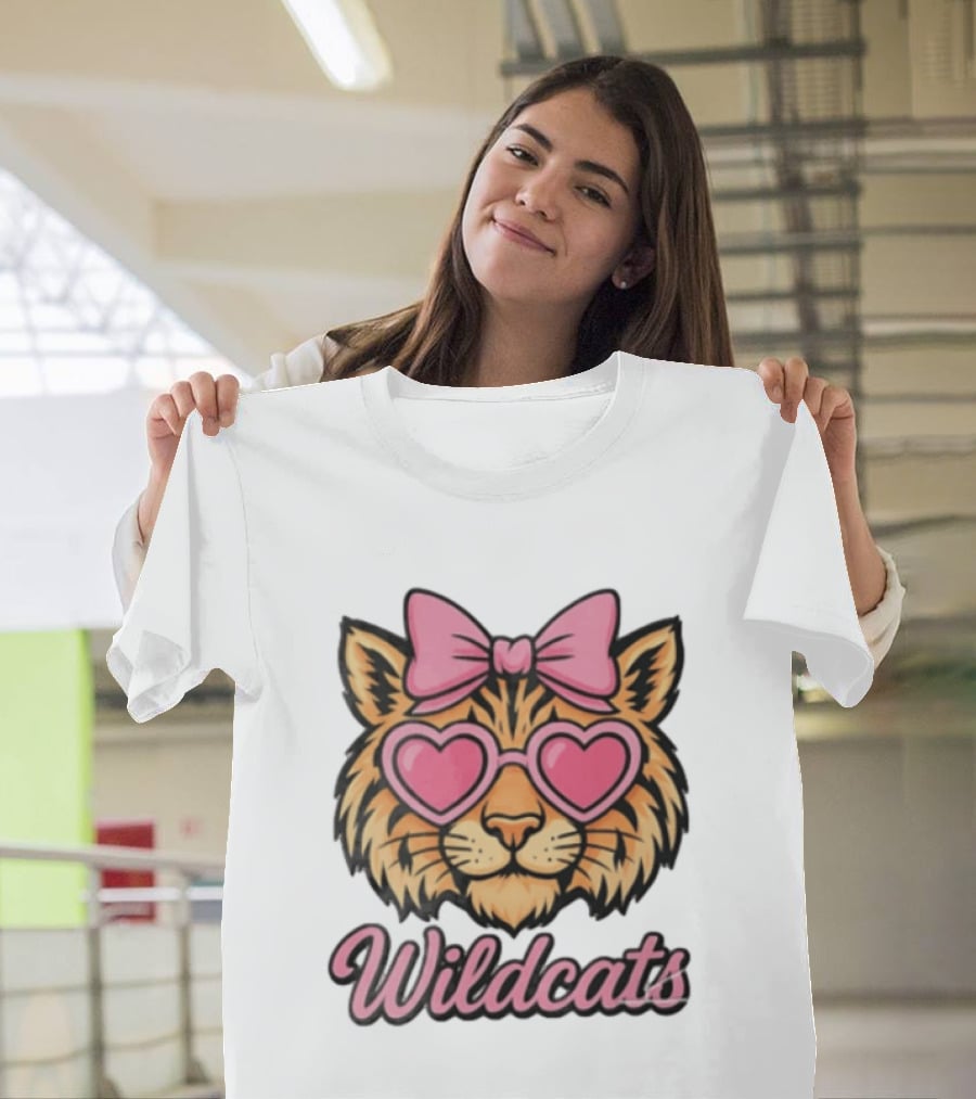 Wildcats Tiger Face Pink Bow Heart Glasses T-Shirt