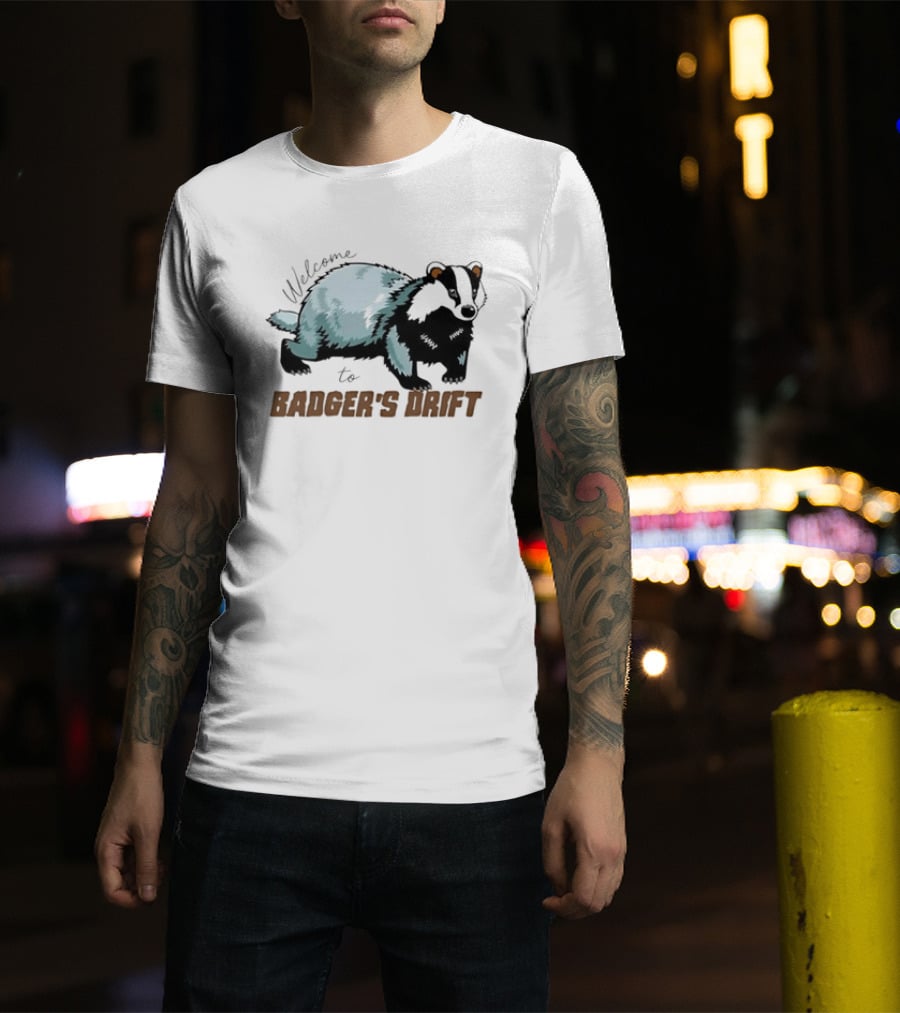 Welcome To Badger's Drift Cartoon Badger Walking Black And White Fur T-Shirt
