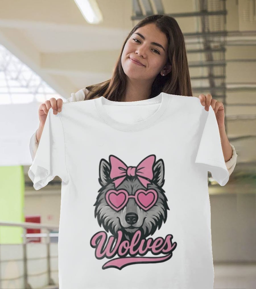 Wolves Wolf Pink Heart Glasses Bow T-Shirt