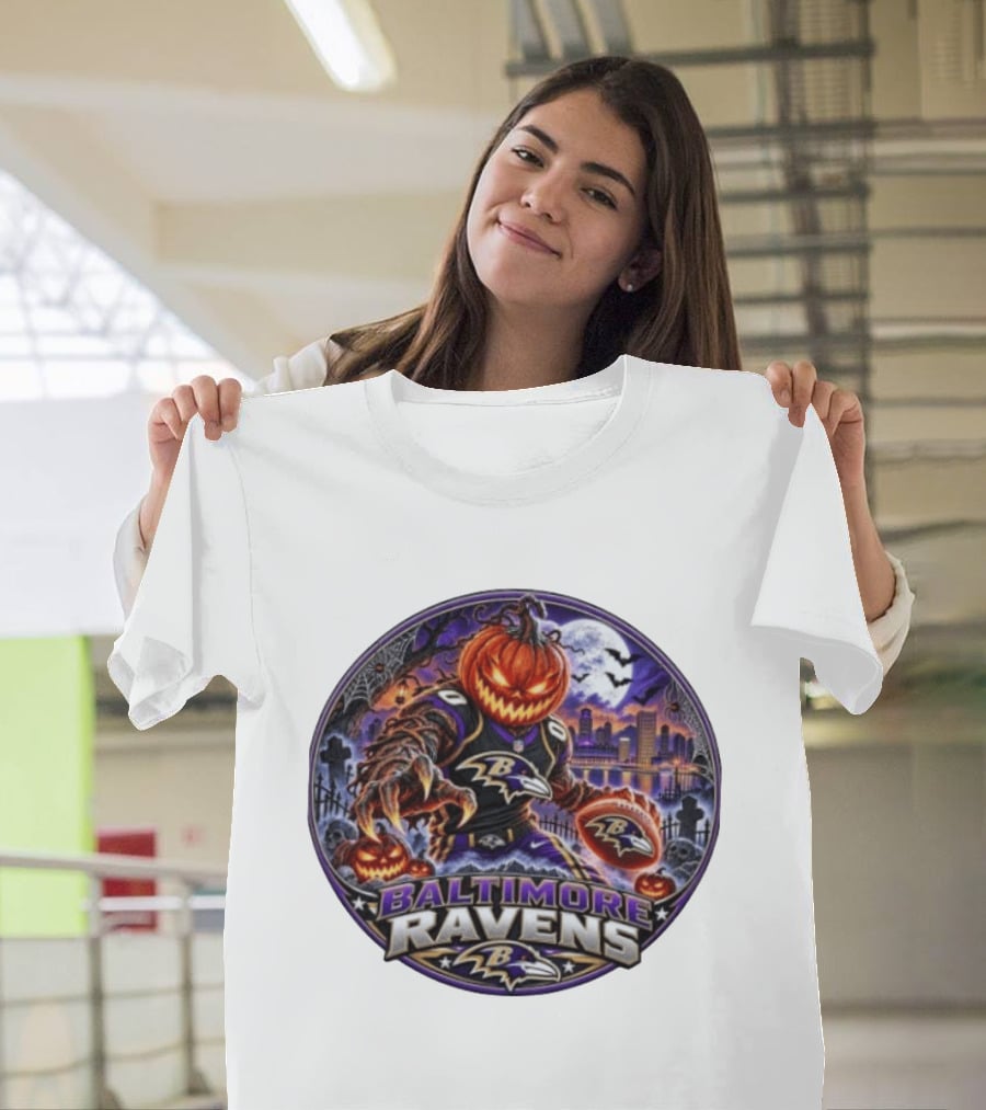 Baltimore Ravens Jack O' Lantern Halloween Football Spooky Night Ravens Stadium Skyline T-Shirt