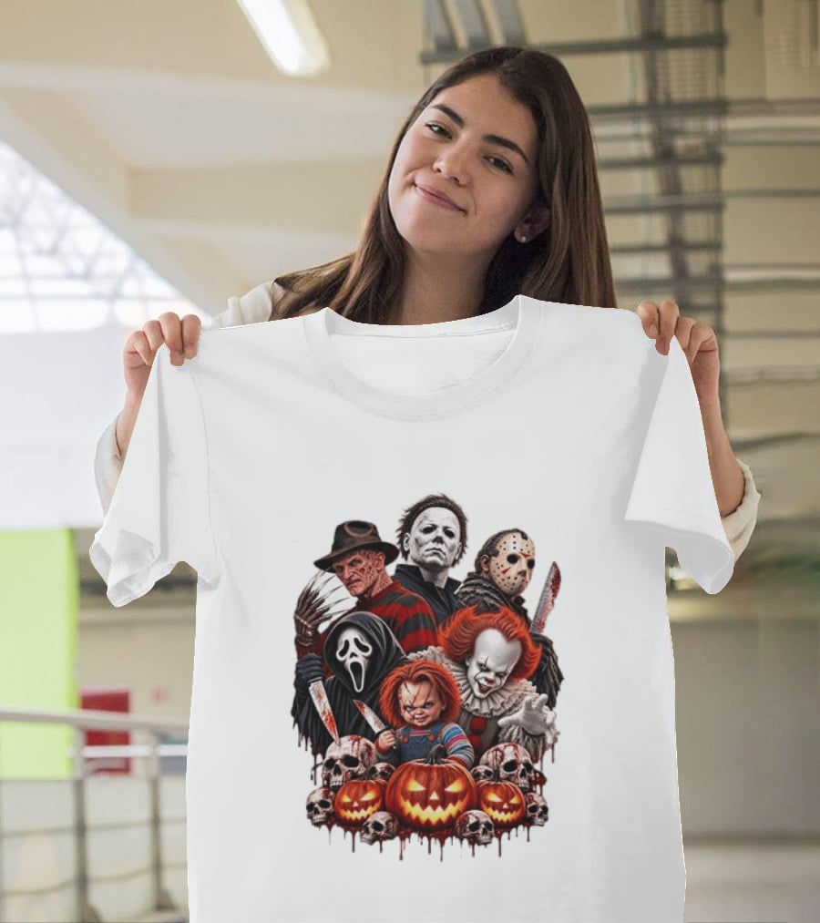 Freddy Krueger Michael Myers Jason Voorhees Ghostface Pennywise Chucky Horror Characters With Skull And Pumpkin Display T-Shirt