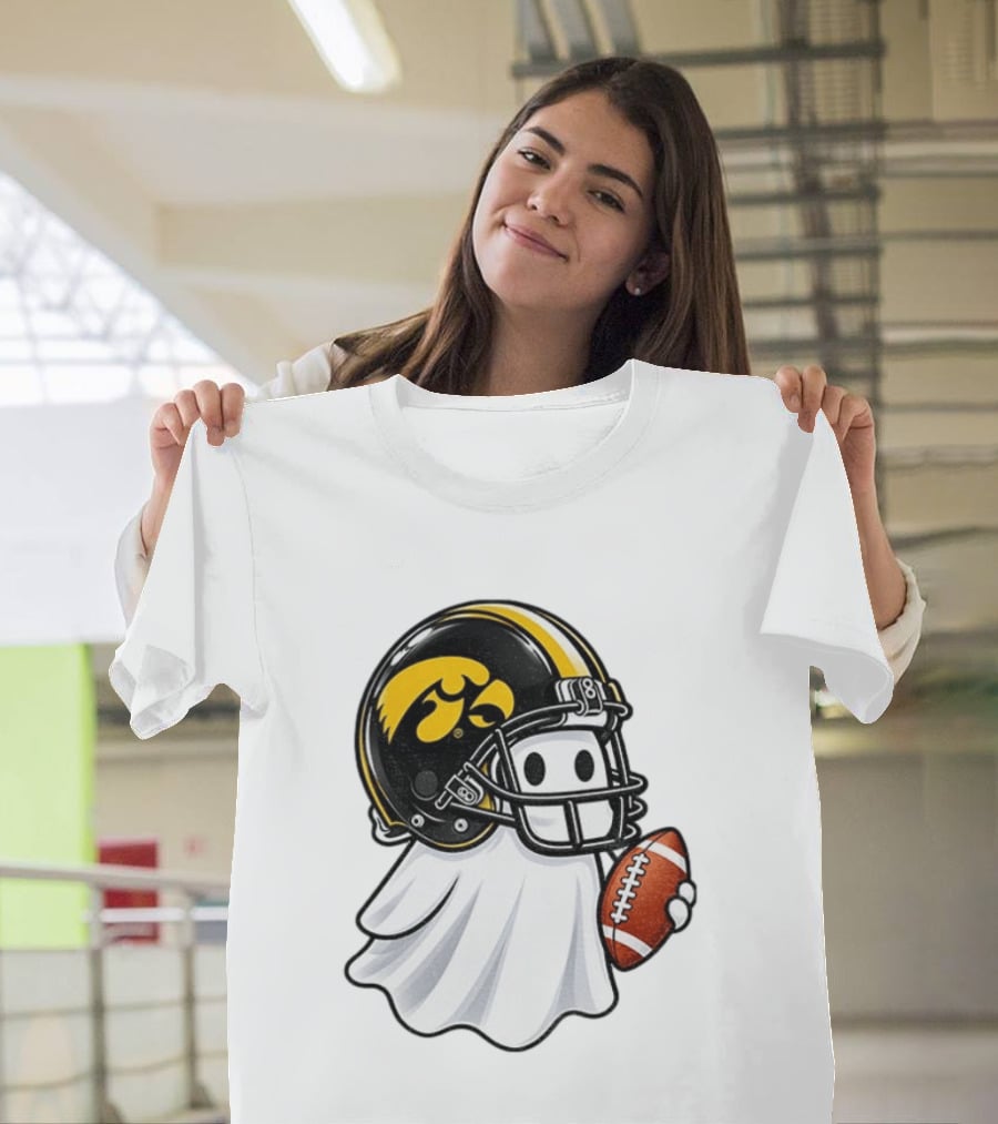 Iowa Hawkeyes Football Ghost Halloween Holding Football T-Shirt