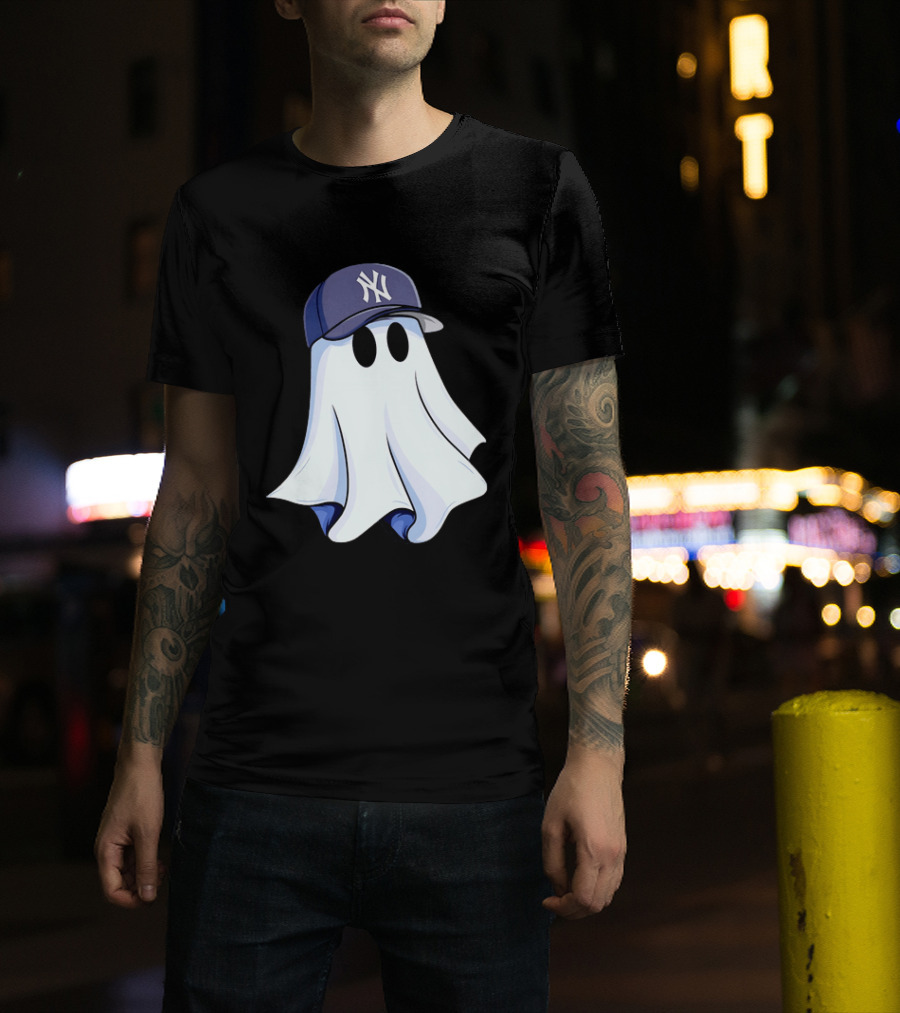 New York Yankees MLB Ghost Baseball Cap Halloween T-Shirt