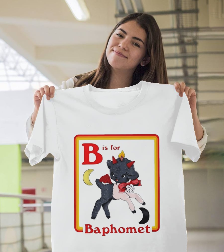 B Is For Baphomet Cartoon Baby Goat Pentacle Moon Horns Flame T-Shirt