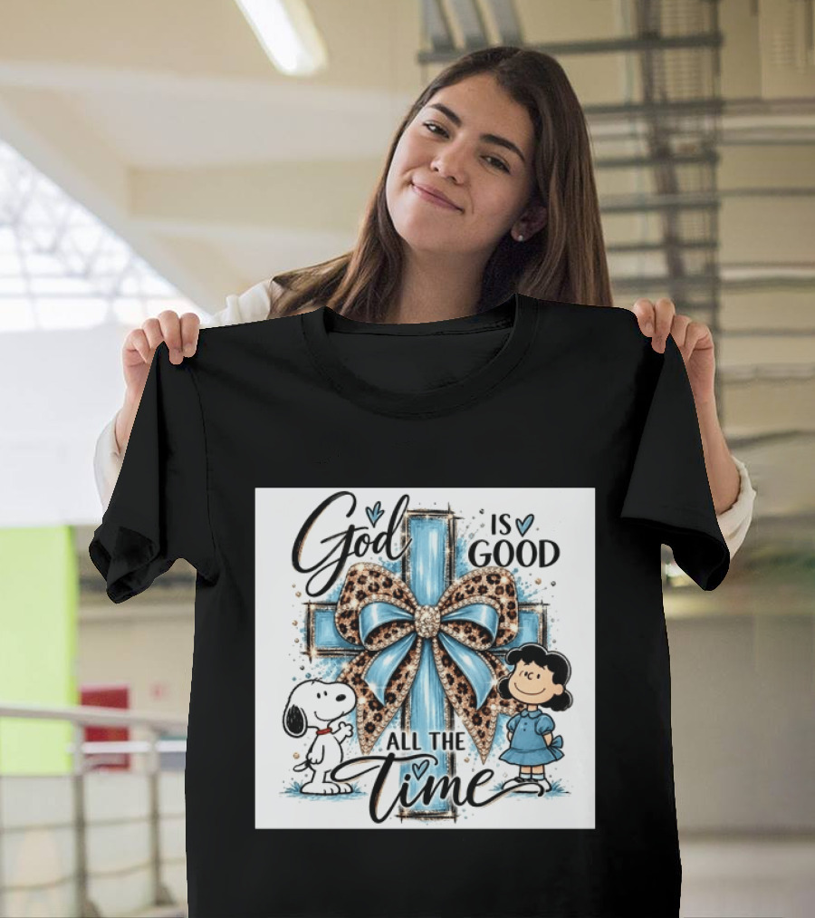Snoopy And Lucy God Is Good All The Time Blue Cross And Leopard Bow T-Shirt