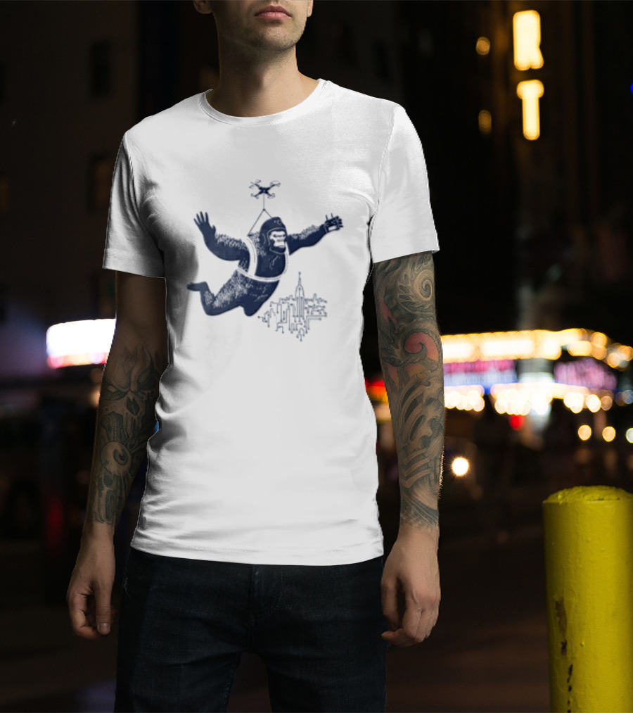 Gorilla Parachuting With Drone Over City Skyline T-Shirt